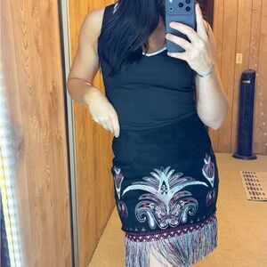 Embroidered Black Skirt with Fringe